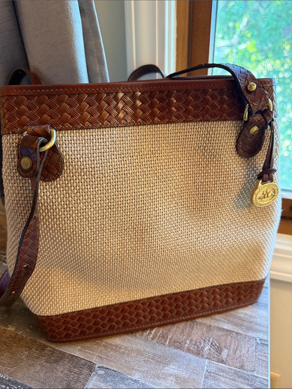 Vintage Brahmin woven tweed with Brown Leather Trim handbag